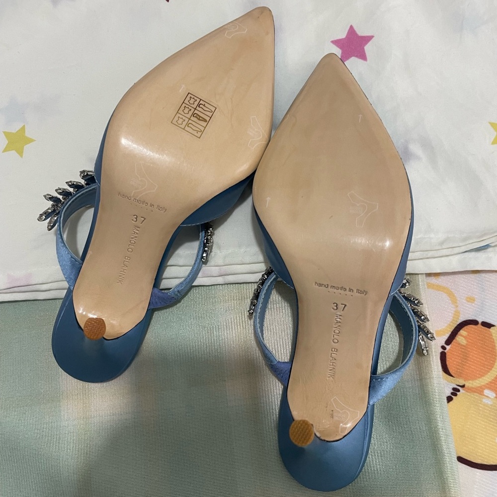 Manolo Blahnik Sky Blue Jeweled Satin Pointed-Toe Mules - Picture 3 of 10